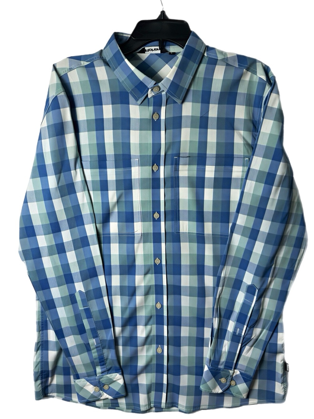 Rohan Men’s Large Blue Green Plaid Travel Hiking Shirt Zip Pocket